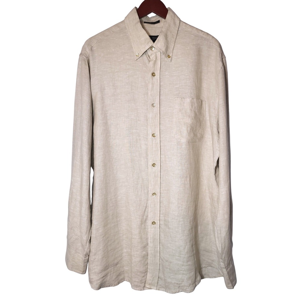 W.H. Belk Sportswear‎ Mens Large 100% Linen Button Down Shirt Beige Long Sleeve